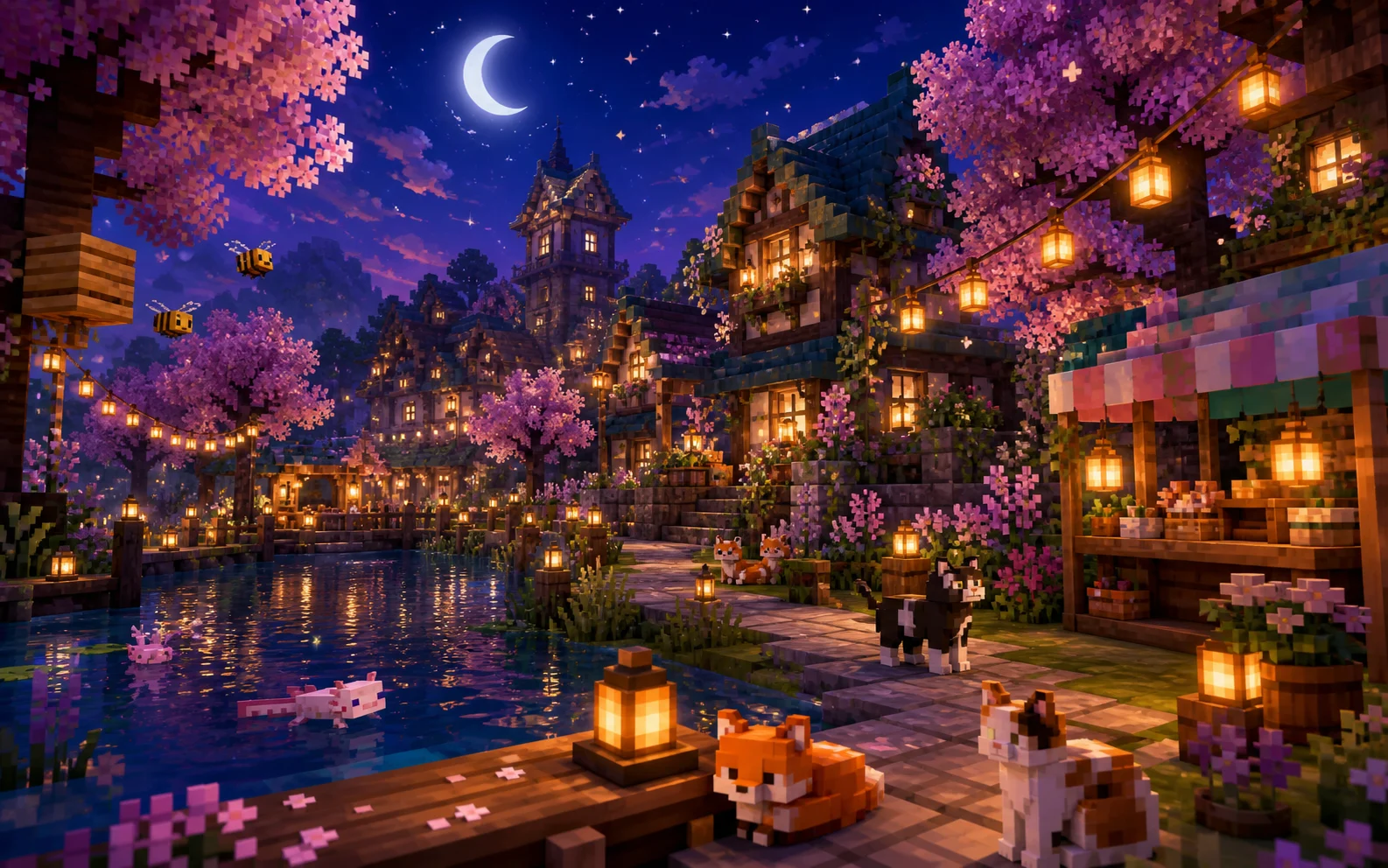 A lantern-lit Minecraft village with cherry trees, flower-covered block houses, cats, foxes, bees, and a moonlit lake.